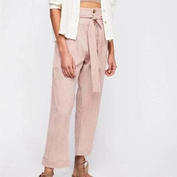 Free People Rumors Yarn Dye Harem Pants Red Stripe High Waist Tie Belt Boho 8 - Picture 1 of 15